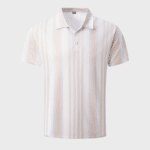 Beige polo skjorte med vertikale striper og polokrage for en stilig og allsidig look.