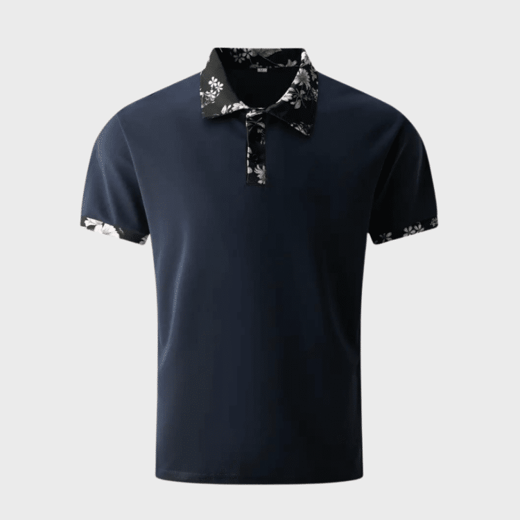 Floral polo skjorte i navy blå med elegant design for ulike anledninger.