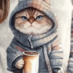 Koselig katt med kaffekopp på grå sweatshirt.