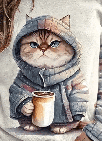 Koselig katt med kaffekopp på grå sweatshirt.