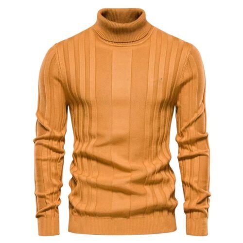 Stilig gul ribbestrikket turtleneck genser for enhver anledning.