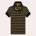 Stilig navy blå og gul stripepolo skjorte for menn.