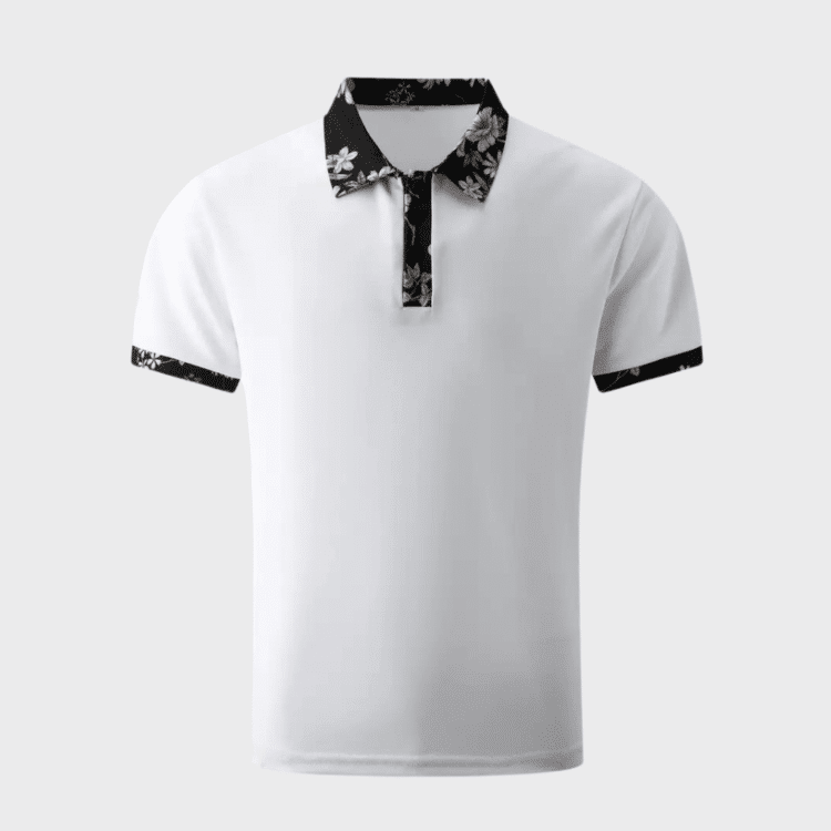 Hvit polo skjorte med elegant svart floral mønster - Sofistikert minimalistisk design.