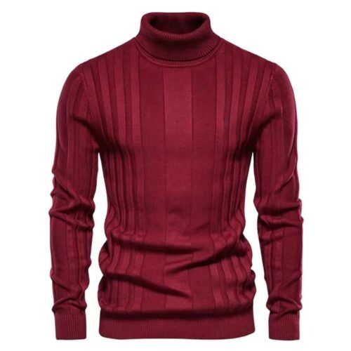 Maroon turtleneck genser med ribbestrikk - elegant og moderne stil.