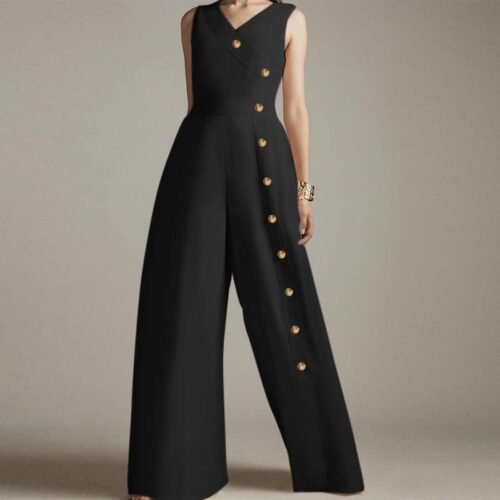 Stilig svart jumpsuit med gullknapper - Eleganse og modernitet.