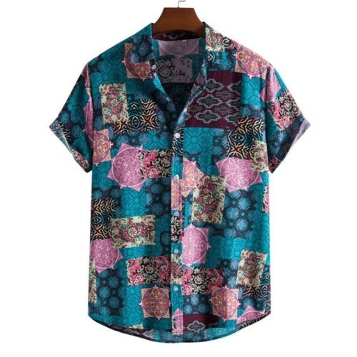 Stilig Teal Bluse med Levende Mønster Design - Patchwork Skjorte.